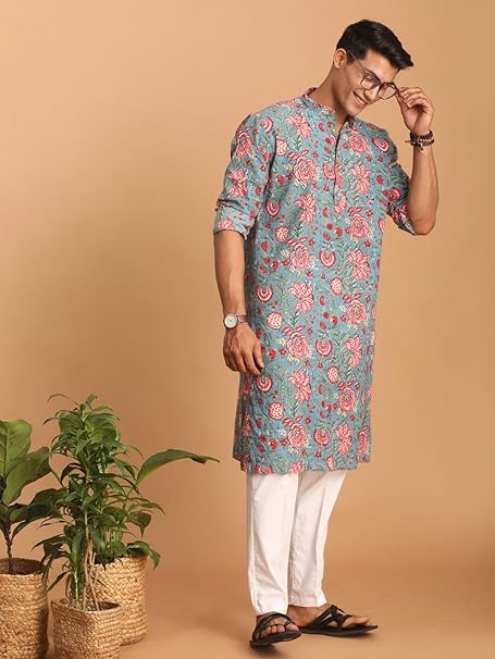 Vastramay Men's Aqua And White Cotton Kurta